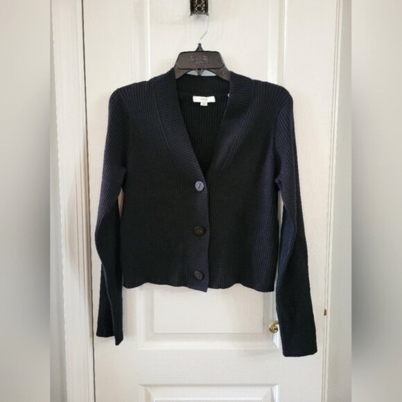 VINCE Wool Blend Ribbed Cropped V-Neck Cardigan Sweater Black Size Large - Picture 1 of 8